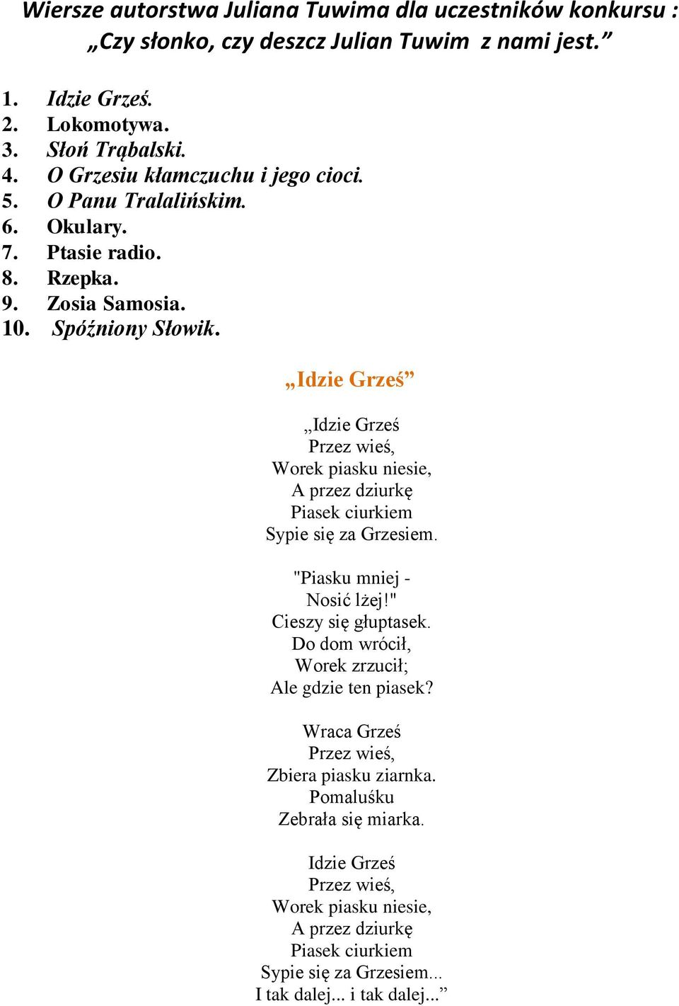 Wiersze autorstwa Juliana Tuwima dla uczestników konkursu : Czy słonko, czy  deszcz Julian Tuwim z nami jest. - PDF Darmowe pobieranie