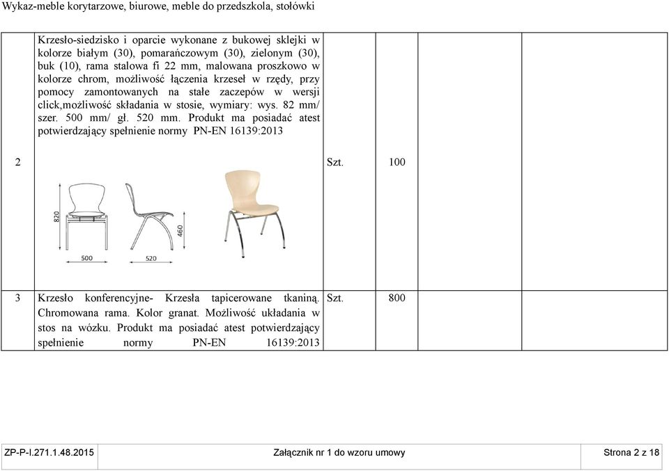 Produkt ma posiadać atest potwierdzający spełnienie normy PN-EN 16139:2013 2 Szt. 100 3 Krzesło konferencyjne- Krzesła tapicerowane tkaniną. Chromowana rama. Kolor granat.