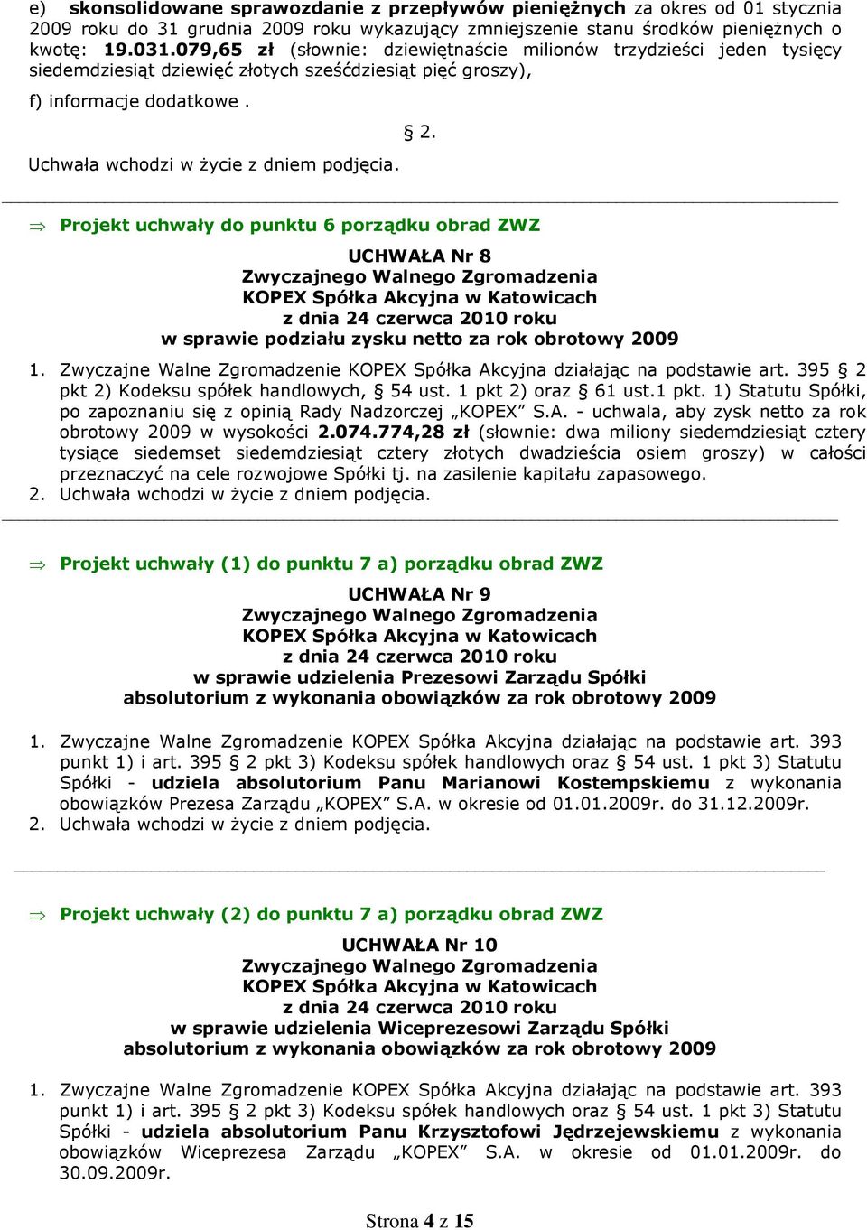 Projekt uchwały do punktu 6 porządku obrad ZWZ UCHWAŁA Nr 8 w sprawie podziału zysku netto za rok obrotowy 2009 1. Zwyczajne Walne Zgromadzenie KOPEX Spółka Akcyjna działając na podstawie art.