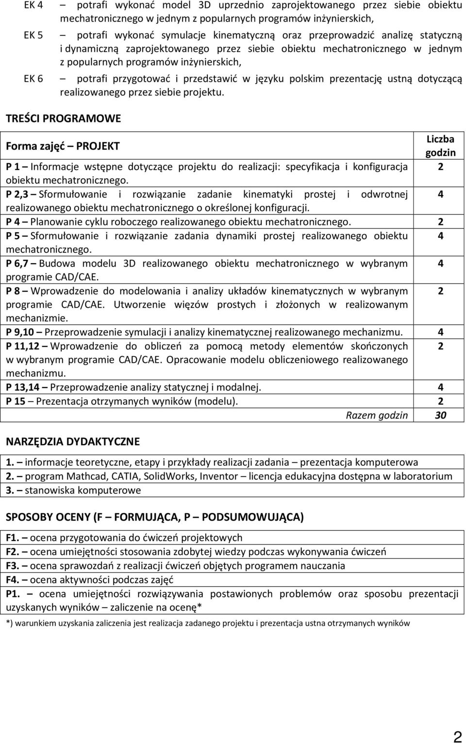 TREŚCI PROGRAMOWE Liczba Forma zajęć PROJEKT godzin P 1 Informacje wstępne dotyczące projektu do realizacji: specyfikacja i konfiguracja 2 obiektu.