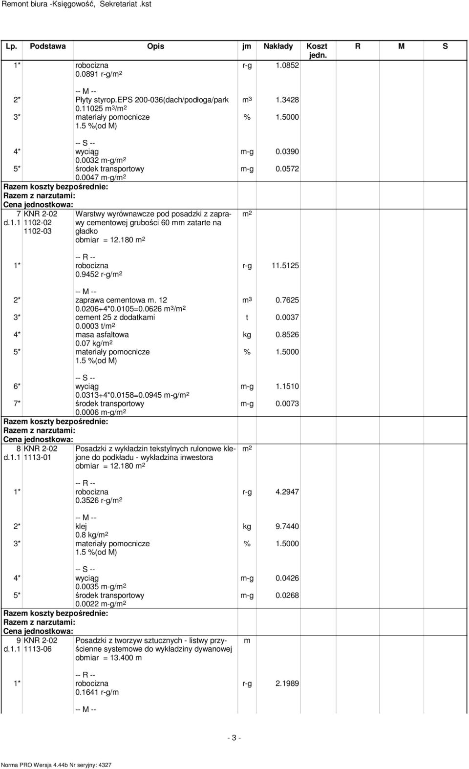 8526 2* zaprawa cementowa m. 12 0.0206+4*0.0105=0.0626 m 3 / 3* cement 25 z dodatkami 0.0003 t/ 4* masa asfaltowa 0.07 kg/ 5* materiały pomocnicze m-g 1.1510 m-g 0.0073 6* wyciąg 0.0313+4*0.0158=0.