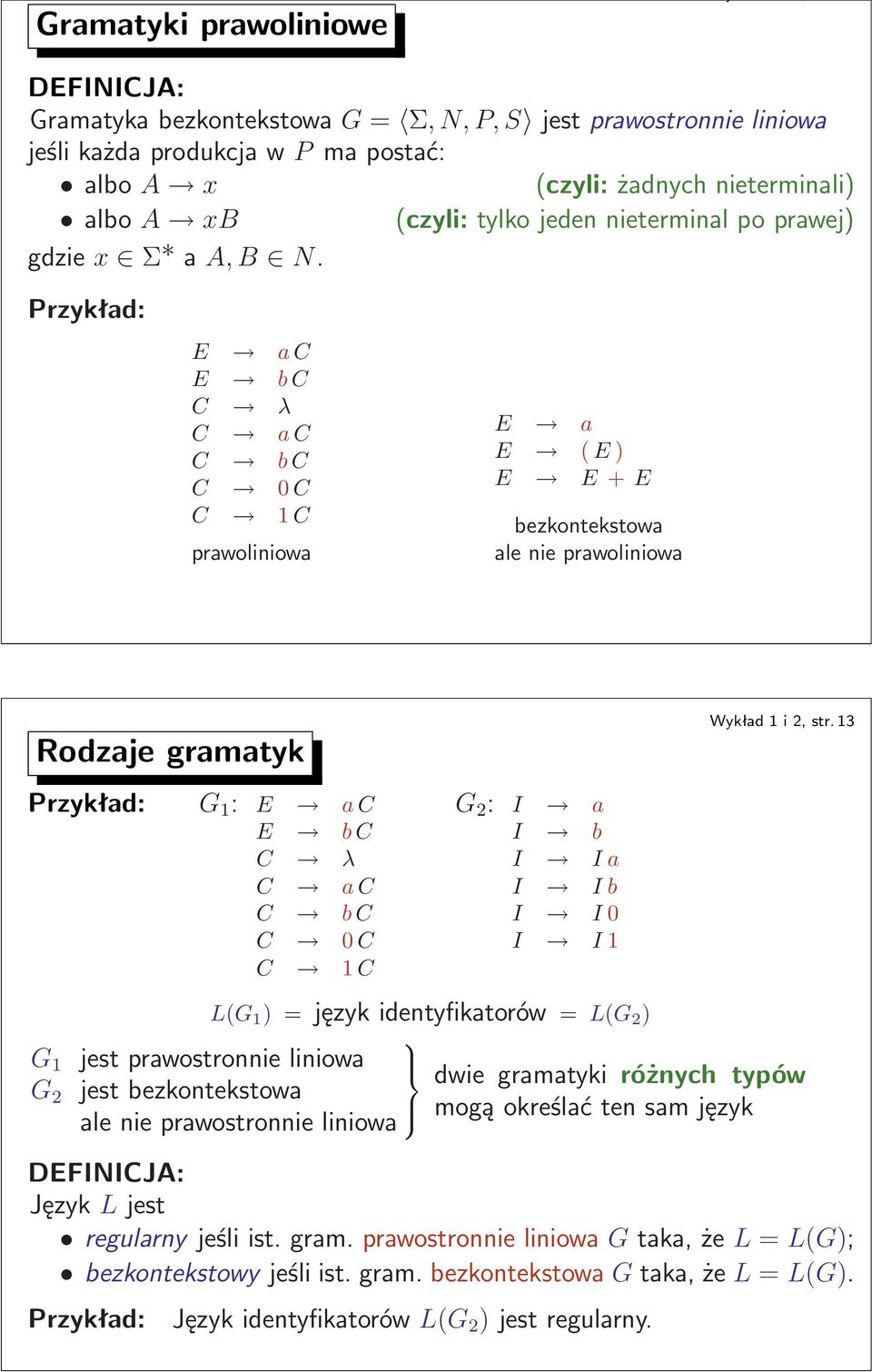 λ C ac C bc C 0C C 1C G 2 : I a I b I Ia I Ib I I0 I I1 L(G 1 )=językidentyfikatorów=l(g 2 ) G 1 jestprawostronnieliniowa G 2 jestbezkontekstowa ale nie prawostronnie liniowa dwie gramatyki różnych