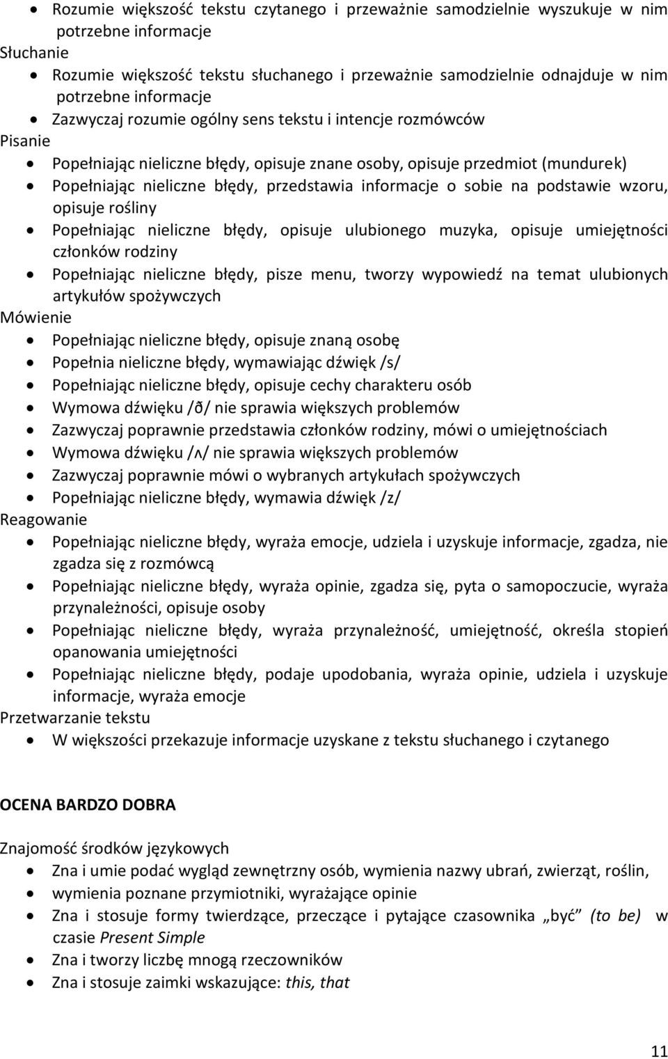 Popełniając nieliczne błędy, opisuje ulubionego muzyka, opisuje umiejętności członków rodziny Popełniając nieliczne błędy, pisze menu, tworzy wypowiedź na temat ulubionych artykułów spożywczych