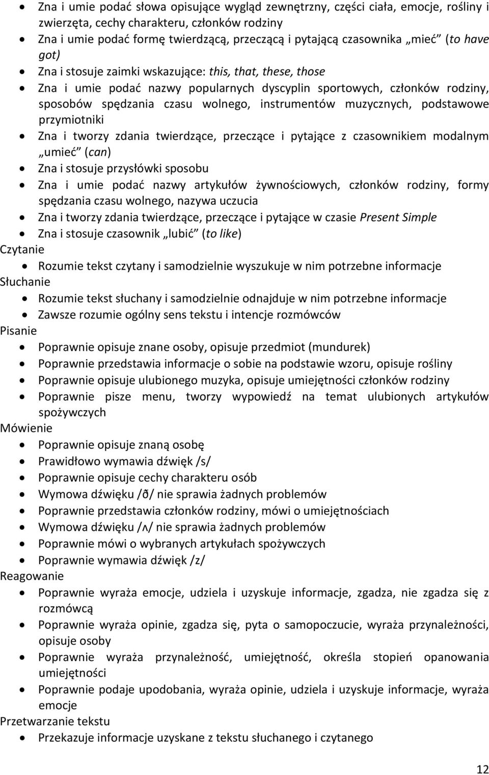 muzycznych, podstawowe przymiotniki Zna i tworzy zdania twierdzące, przeczące i pytające z czasownikiem modalnym umieć (can) Zna i stosuje przysłówki sposobu Zna i umie podać nazwy artykułów