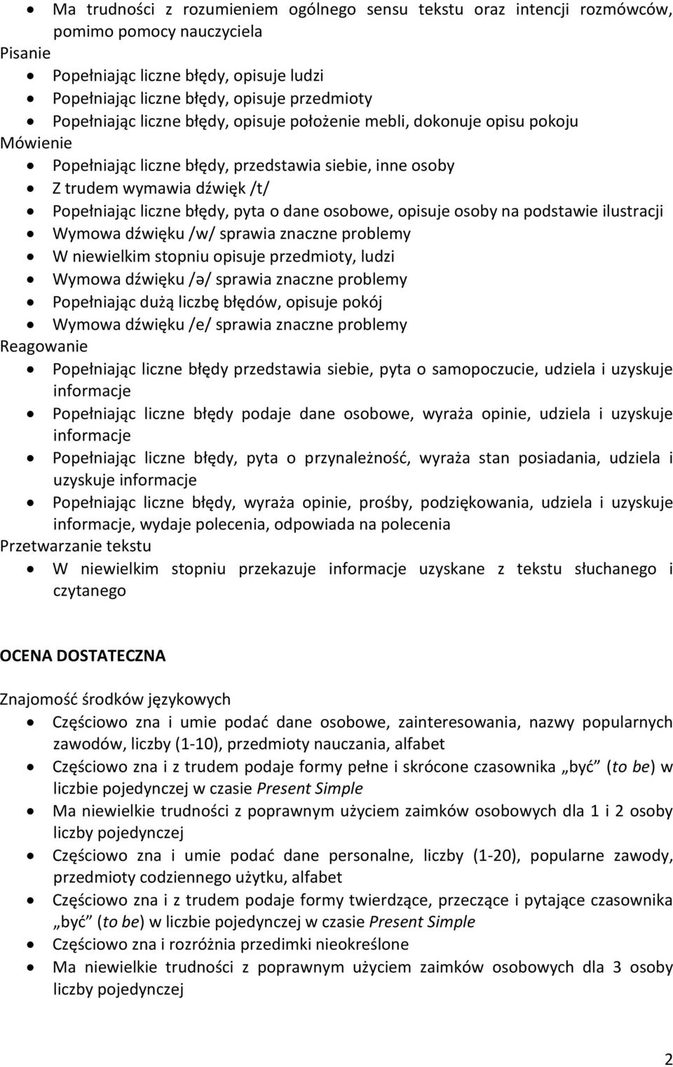 opisuje osoby na podstawie ilustracji Wymowa dźwięku /w/ sprawia znaczne problemy W niewielkim stopniu opisuje przedmioty, ludzi Wymowa dźwięku /ə/ sprawia znaczne problemy Popełniając dużą liczbę