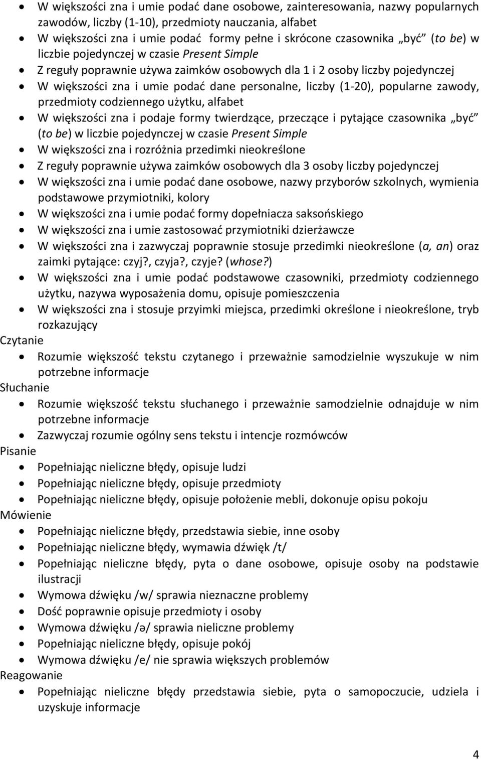 popularne zawody, przedmioty codziennego użytku, alfabet W większości zna i podaje formy twierdzące, przeczące i pytające czasownika być (to be) w liczbie pojedynczej w czasie Present Simple W