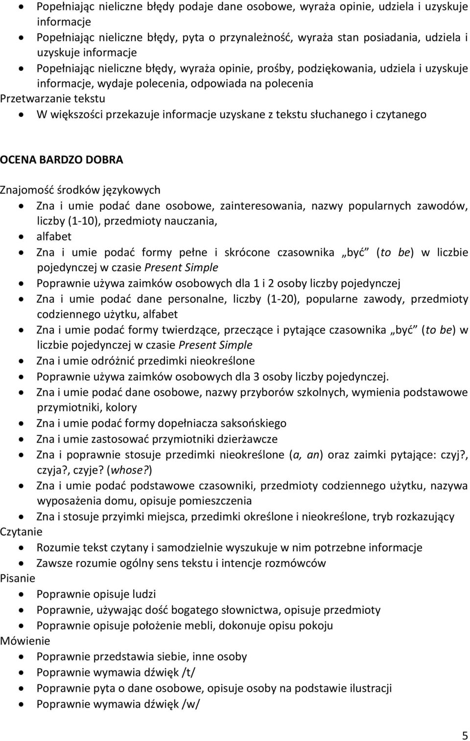 BARDZO DOBRA Zna i umie podać dane osobowe, zainteresowania, nazwy popularnych zawodów, liczby (1-10), przedmioty nauczania, alfabet Zna i umie podać formy pełne i skrócone czasownika być (to be) w