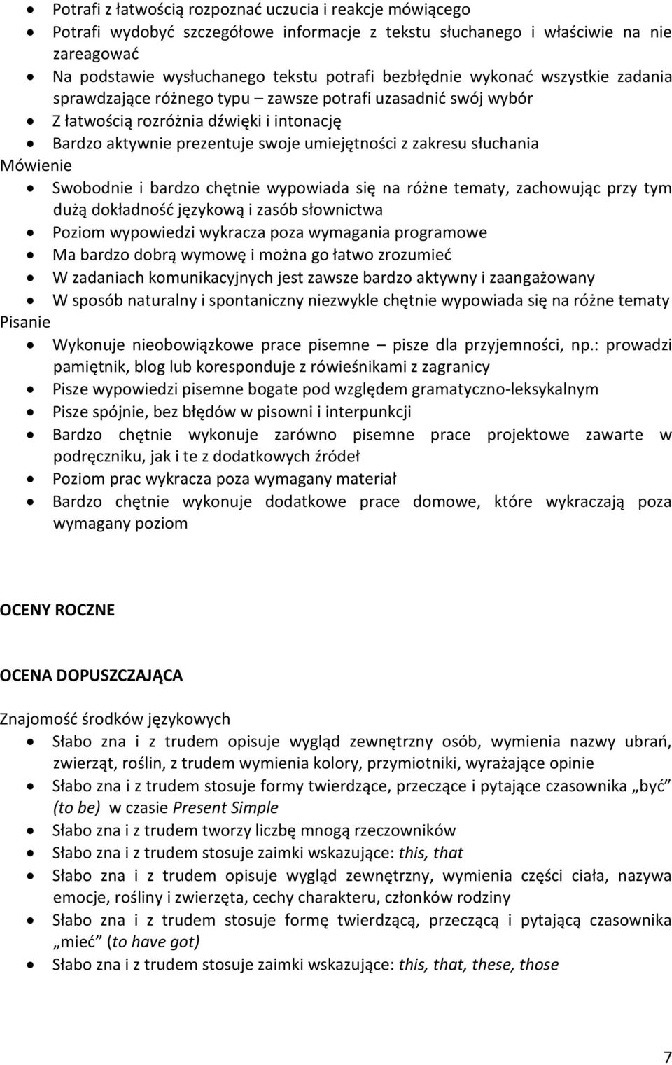 bardzo chętnie wypowiada się na różne tematy, zachowując przy tym dużą dokładność językową i zasób słownictwa Poziom wypowiedzi wykracza poza wymagania programowe Ma bardzo dobrą wymowę i można go