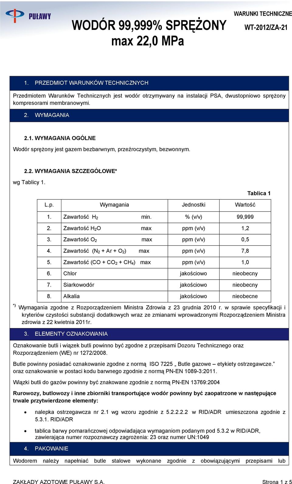 Zawartść (N 2 + Ar + O 2 ) max ppm (v/v) 7,8 5. Zawartść (CO + CO 2 + CH 4 ) max ppm (v/v) 1,0 6. Chlr jakściw niebecny 7. Siarkwdór jakściw niebecny 8.