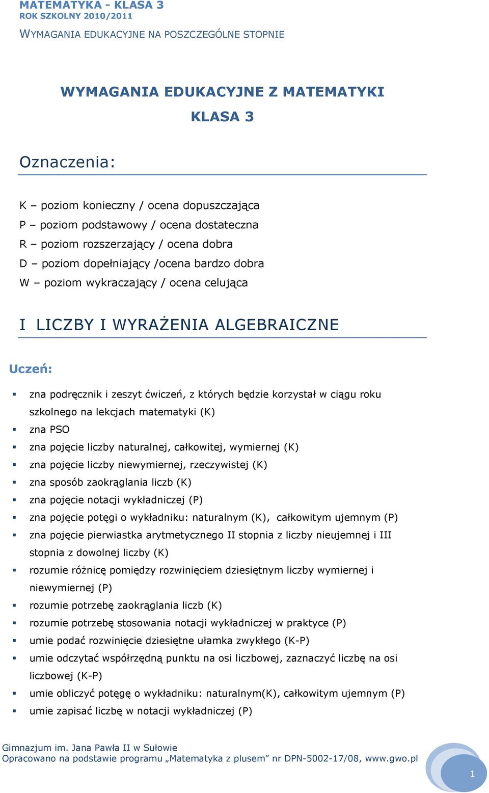 matematyki (K) zna PSO zna pojęcie liczby naturalnej, całkowitej, wymiernej (K) zna pojęcie liczby niewymiernej, rzeczywistej (K) zna sposób zaokrąglania liczb (K) zna pojęcie notacji wykładniczej