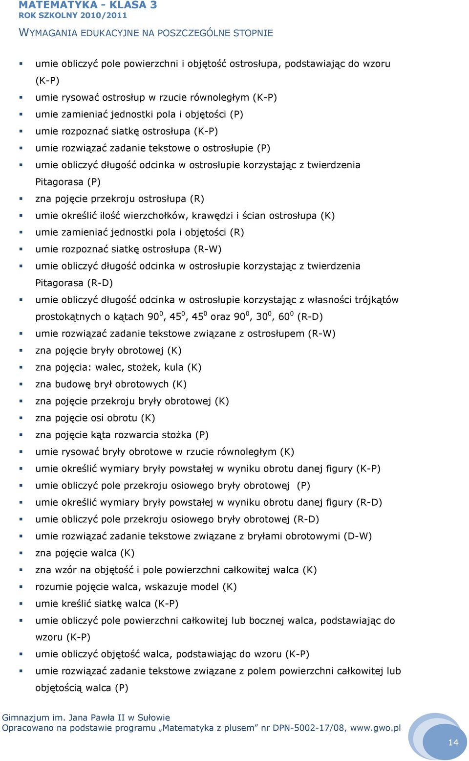 określić ilość wierzchołków, krawędzi i ścian ostrosłupa (K) umie zamieniać jednostki pola i objętości (R) umie rozpoznać siatkę ostrosłupa (R-W) umie obliczyć długość odcinka w ostrosłupie