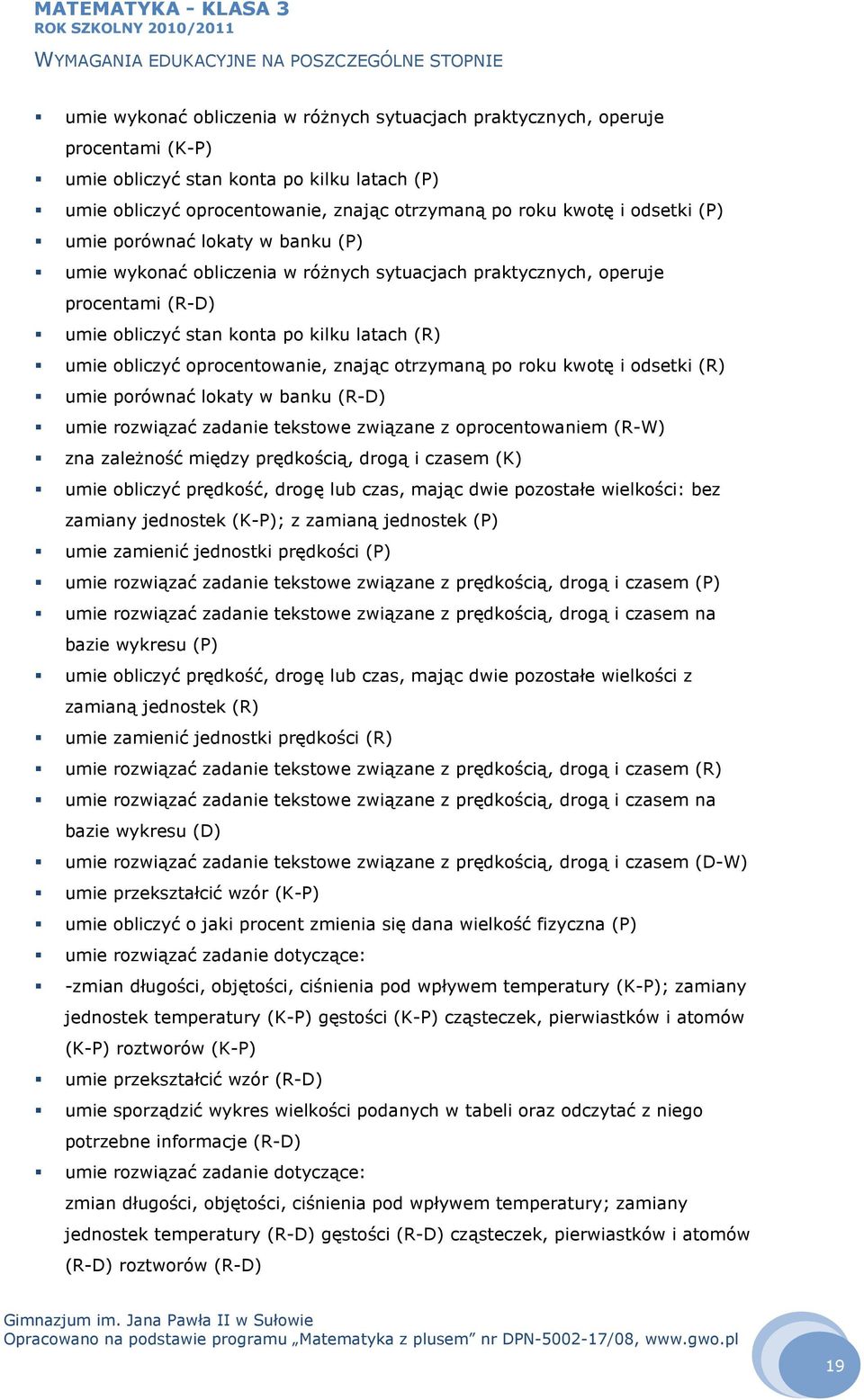 znając otrzymaną po roku kwotę i odsetki (R) umie porównać lokaty w banku (R-D) umie rozwiązać zadanie tekstowe związane z oprocentowaniem (R-W) zna zależność między prędkością, drogą i czasem (K)