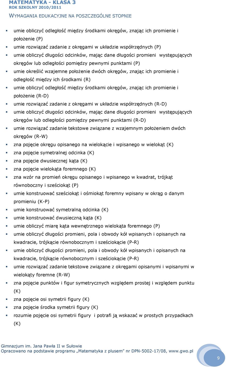 obliczyć odległość między środkami okręgów, znając ich promienie i położenie (R-D) umie rozwiązać zadanie z okręgami w układzie współrzędnych (R-D) umie obliczyć długości odcinków, mając dane