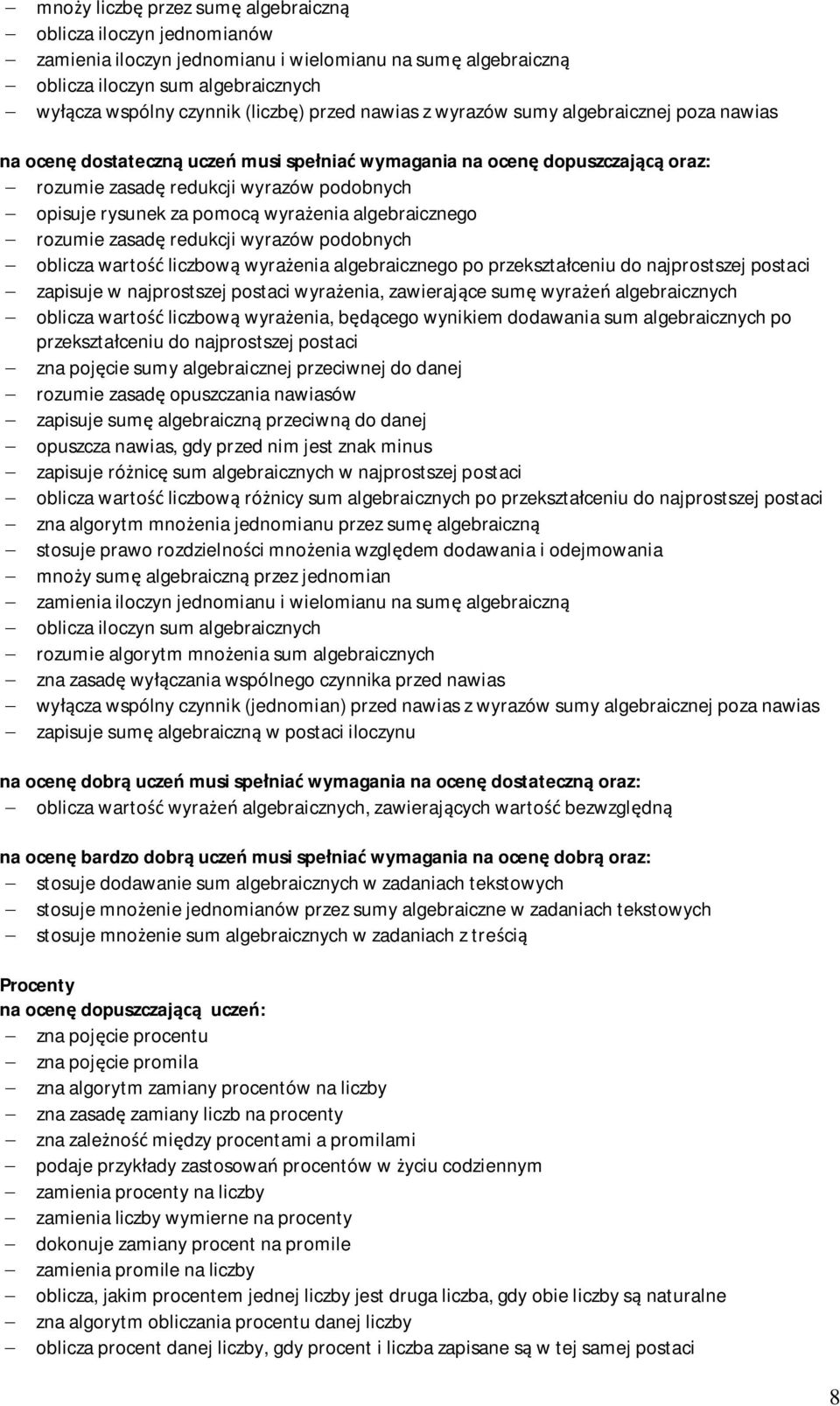 podobnych - oblicza wartość liczbową wyrażenia algebraicznego po przekształceniu do najprostszej postaci - zapisuje w najprostszej postaci wyrażenia, zawierające sumę wyrażeń algebraicznych - oblicza