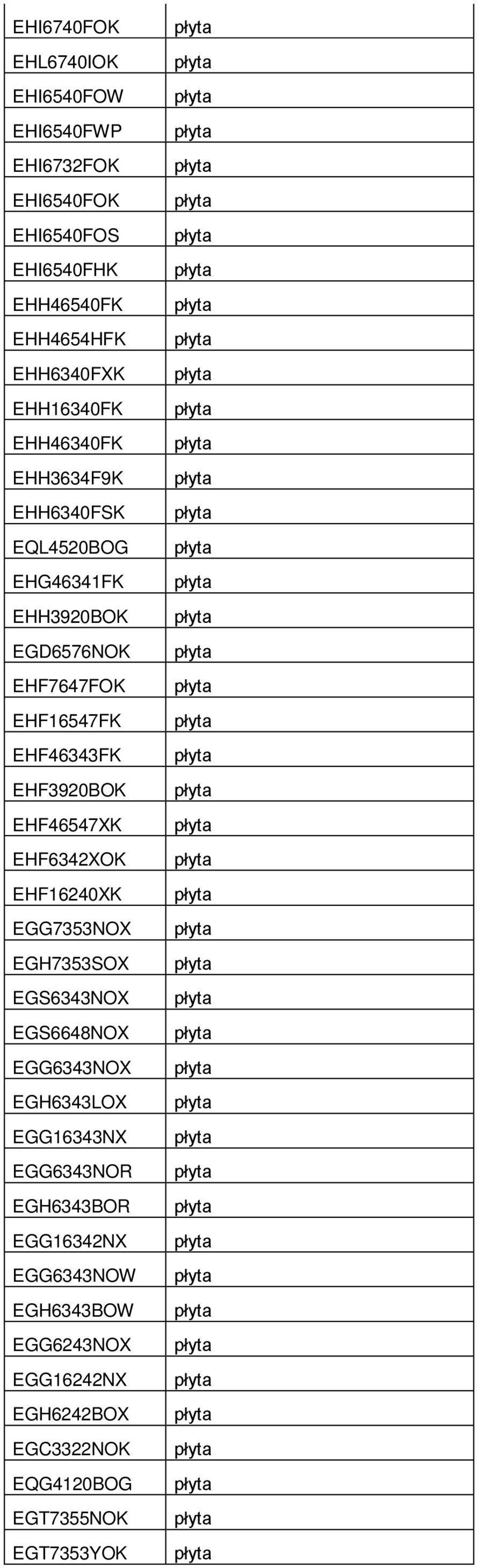 EHF3920BOK EHF46547XK EHF6342XOK EHF16240XK EGG7353NOX EGH7353SOX EGS6343NOX EGS6648NOX EGG6343NOX EGH6343LOX EGG16343NX