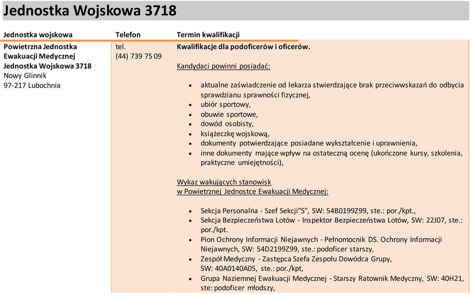 książeczkę wojskową, dokumenty potwierdzające posiadane wykształcenie i uprawnienia, inne dokumenty mające wpływ na ostateczną ocenę (ukończone kursy, szkolenia, praktyczne umiejętności), Wykaz