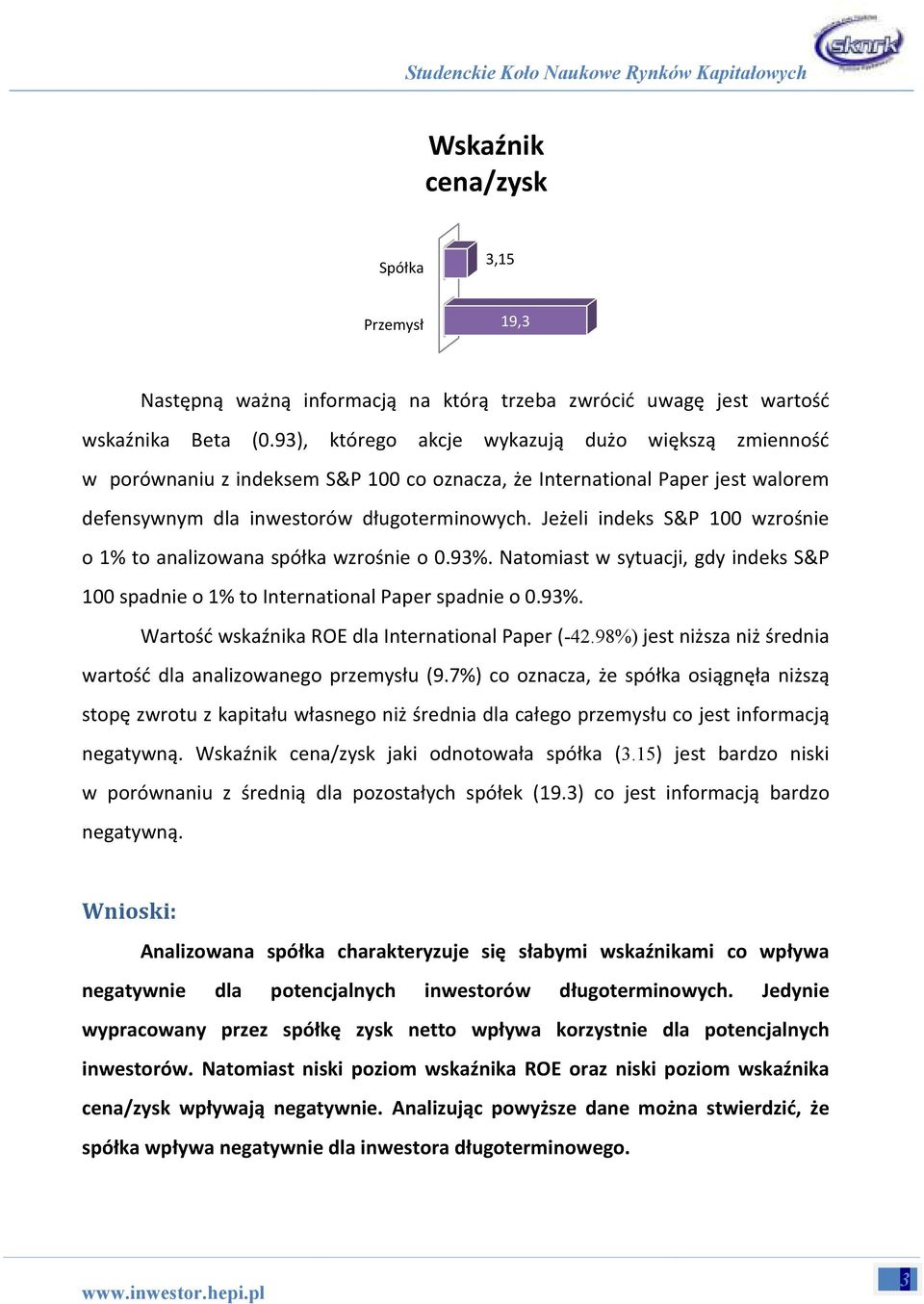 Jeżeli indeks S&P 100 wzrośnie o 1% to analizowana alizowana spółka wzrośnie o 0.93%. Natomiast w sytuacji, gdy indeks S&P 100 spadnie o 1% to International Paper spadnie o 0.93%. Wartość wskaźnika ROE dla International Paper (-42.