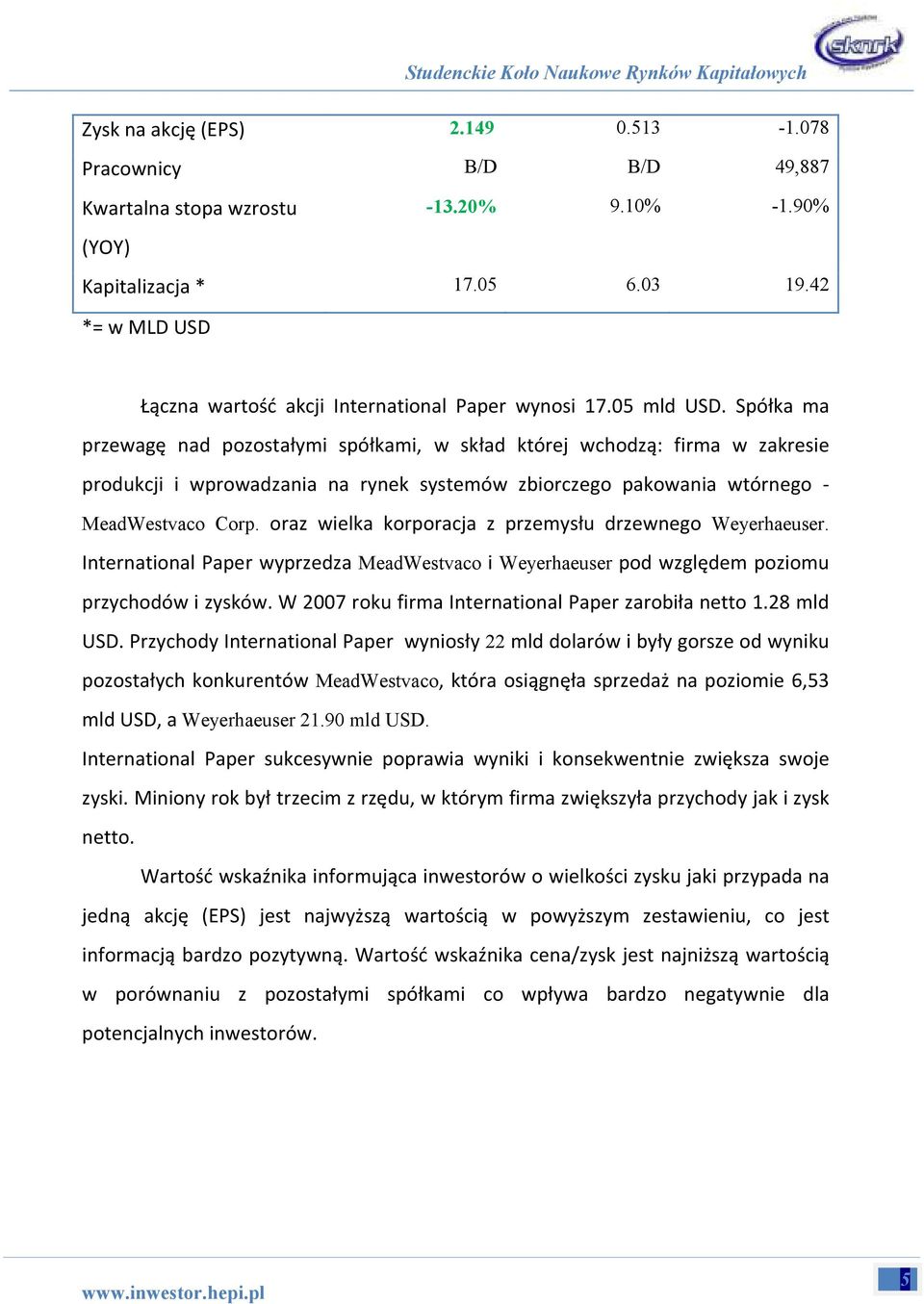 Spółka ma przewagę nad pozostałymi spółkami, w skład której wchodzą: firma w zakresie produkcji i wprowadzania na rynek systemów zbiorczego pakowania wtórnego - MeadWestvaco Corp.