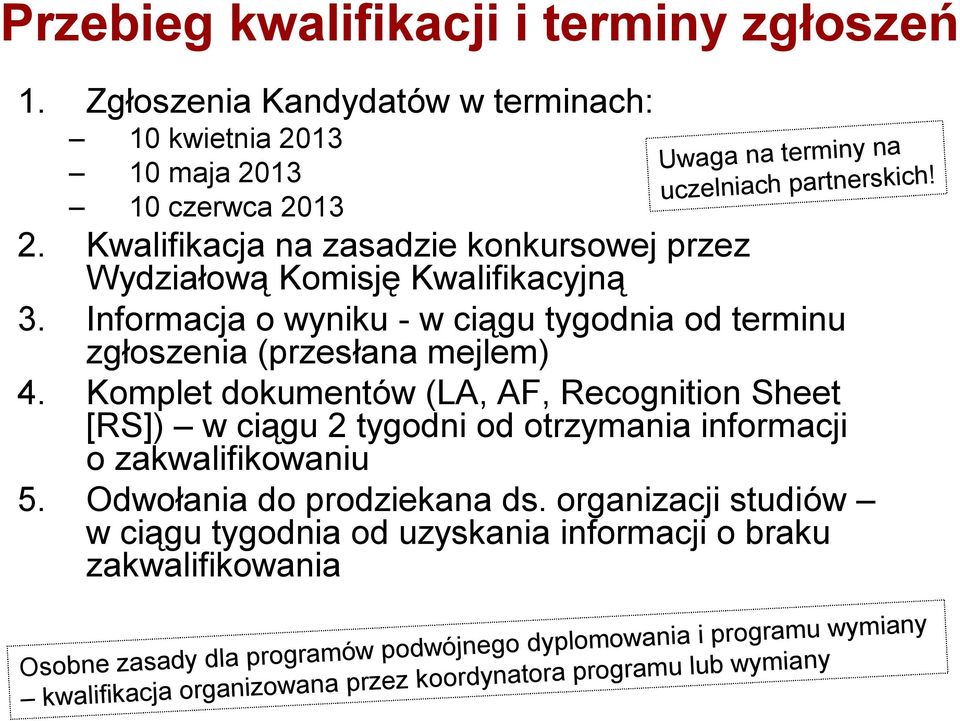Komplet dokumentów (LA, AF, Recognition Sheet [RS]) w ciągu 2 tygodni od otrzymania informacji o zakwalifikowaniu 5. Odwołania do prodziekana ds.