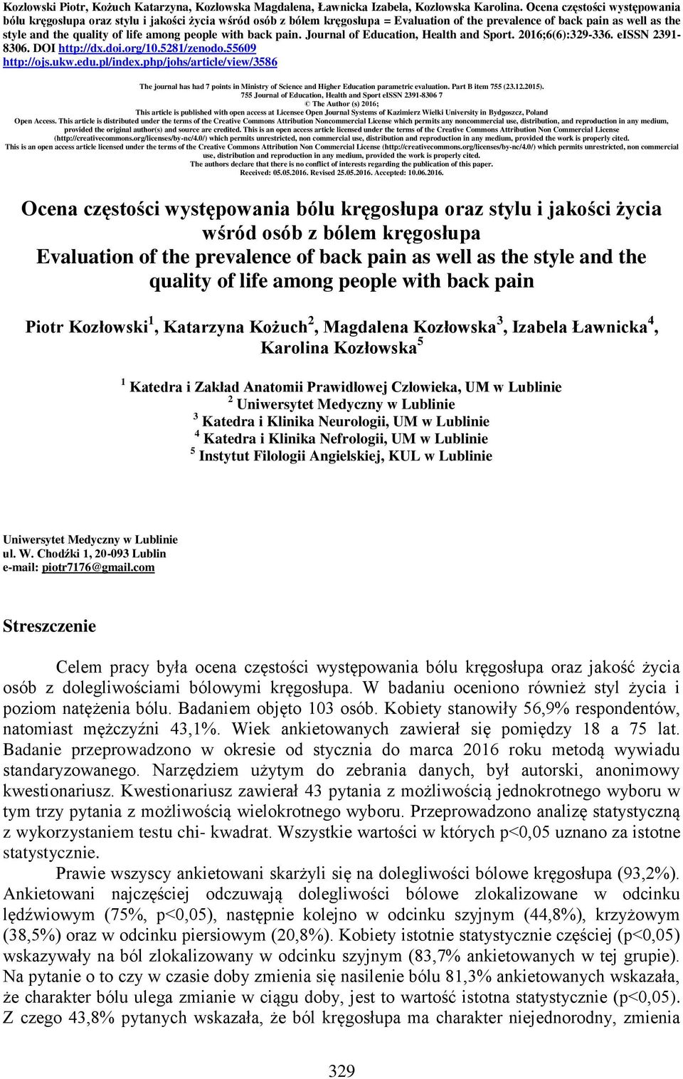 people with back pain. Journal of Education, Health and Sport. 2016;6(6):329-336. eissn 2391-8306. DOI http://dx.doi.org/10.5281/zenodo.55609 http://ojs.ukw.edu.pl/index.