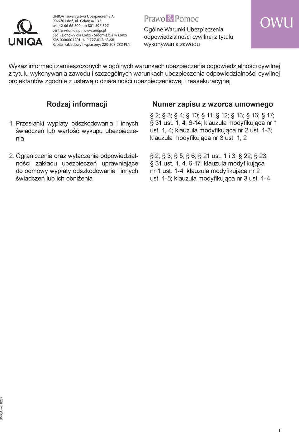 pl Sąd Rejonowy dla Łodzi - Śródmieścia w Łodzi KRS 0000001201, NIP 727-012-63-58 Kapitał zakładowy i wpłacony: 220 308 282 PLN Prawo & Pomoc Ogólne Warunki Ubezpieczenia odpowiedzialnoœci cywilnej z