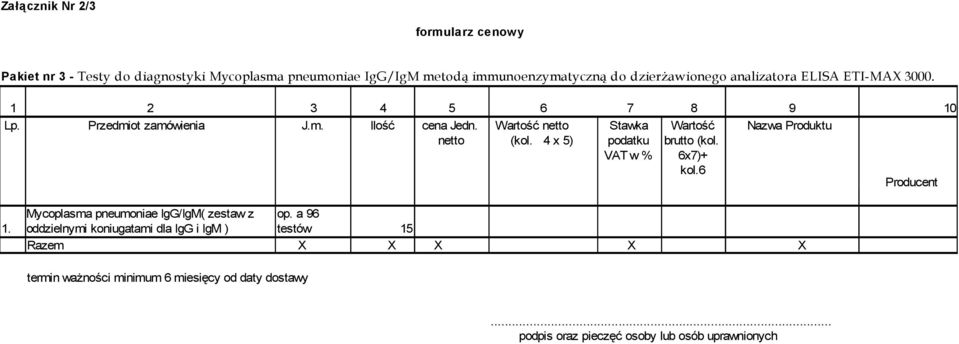 netto Stawka Nazwa Produktu netto (kol. 4 x 5) podatku brutto (kol. VAT w % 6x7)+ kol.6 Mycoplasma pneumoniae IgG/IgM( zestaw z op. a 96 1.