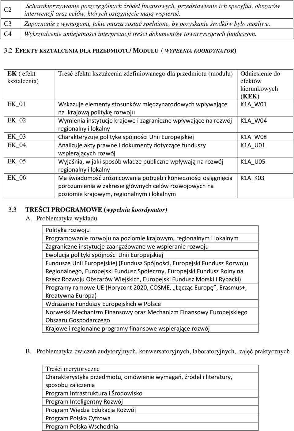 2 EFEKTY KSZTAŁCENIA DLA PRZEDMIOTU/ MODUŁU ( WYPEŁNIA KOORDYNATOR) EK ( efekt kształcenia) Treść efektu kształcenia zdefiniowanego dla przedmiotu (modułu) Odniesienie do efektów kierunkowych (KEK)