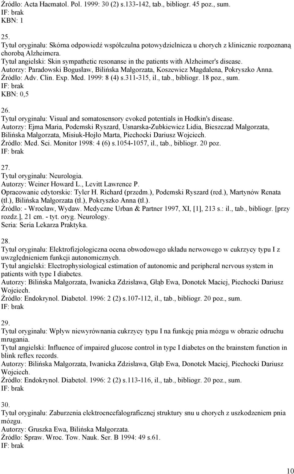 Tytuł angielski: Skin sympathetic resonanse in the patients with Alzheimer's disease. Autorzy: Paradowski Bogusław, Bilińska Małgorzata, Koszewicz Magdalena, Pokryszko Anna. Źródło: Adv. Clin. Exp.