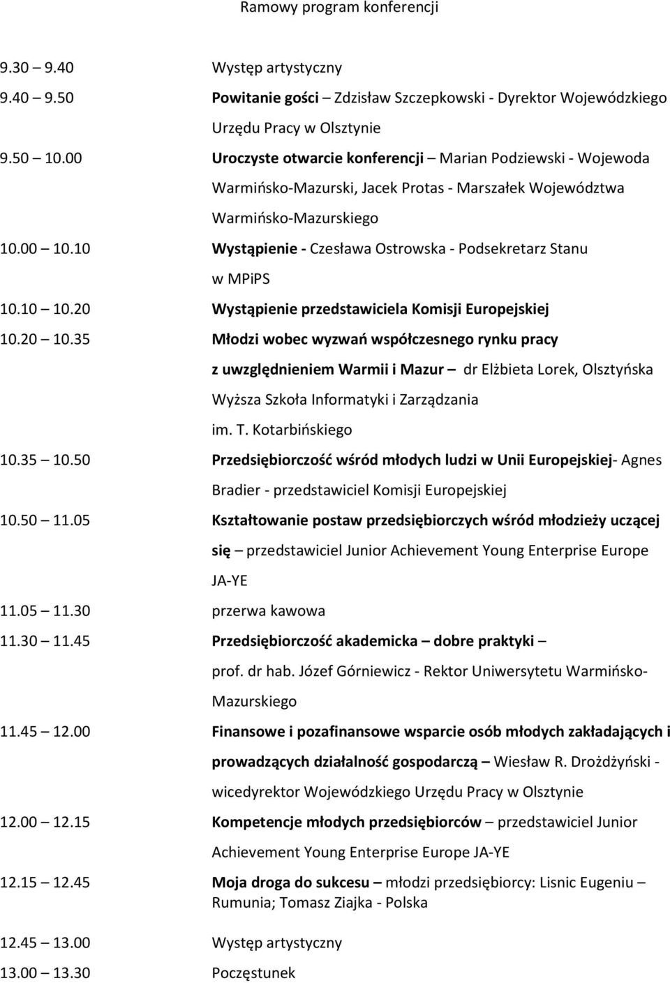 10 Wystąpienie - Czesława Ostrowska - Podsekretarz Stanu w MPiPS 10.10 10.20 Wystąpienie przedstawiciela Komisji Europejskiej 10.20 10.