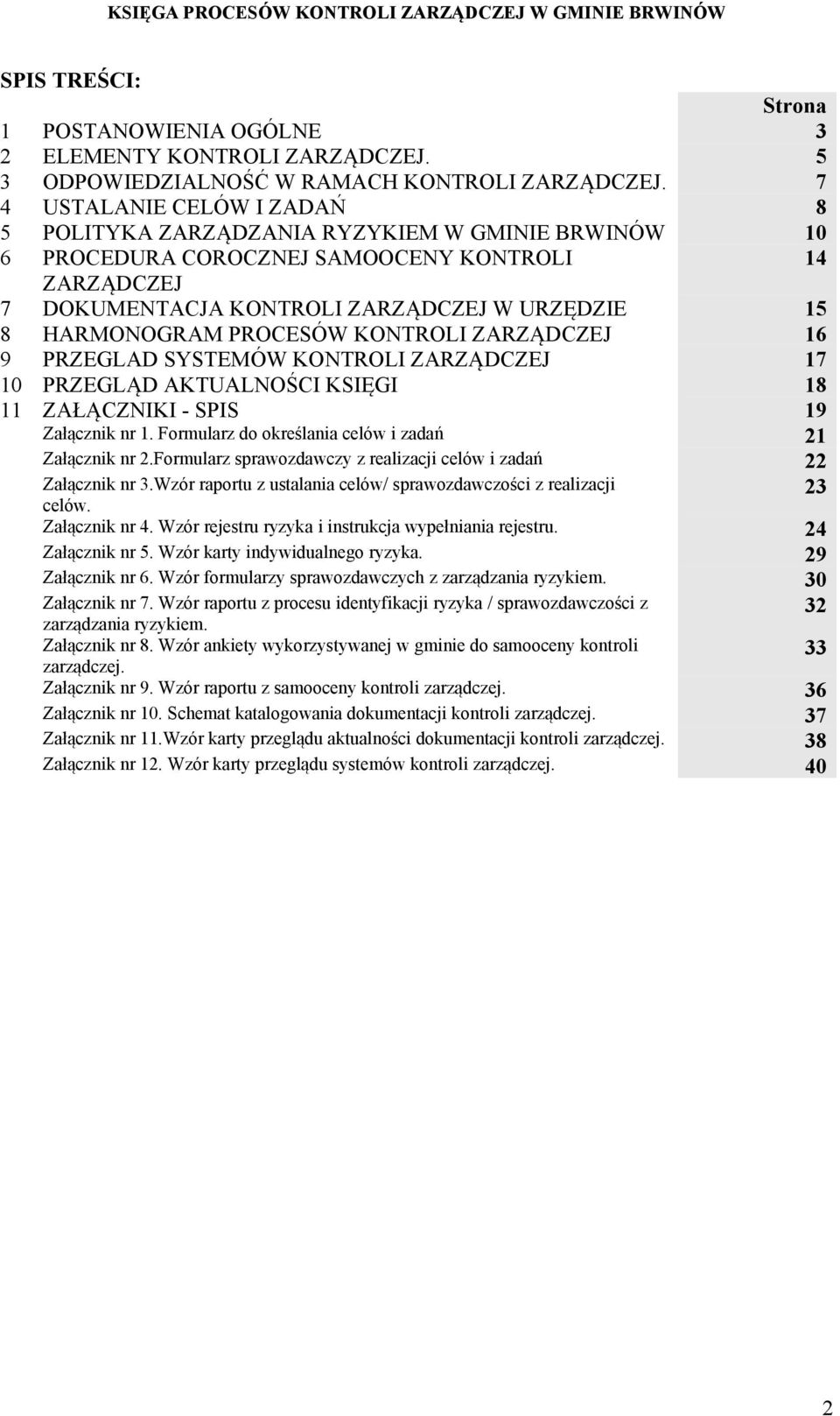 PROCESÓW KONTROLI ZARZĄDCZEJ 16 9 PRZEGLAD SYSTEMÓW KONTROLI ZARZĄDCZEJ 17 10 PRZEGLĄD AKTUALNOŚCI KSIĘGI 18 11 ZAŁĄCZNIKI - SPIS 19 Załącznik nr 1.