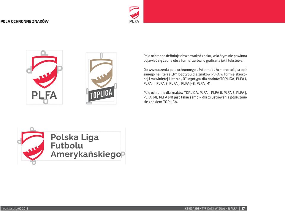 Do wyznaczenia pola ochronnego użyto modułu prostokąta opisanego na literze P logotypu dla znaków PLFA w formie skróconej i rozwiniętej i literze O