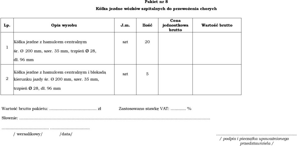 96 mm szt 20 2 Kółka jezdne z hamulcem centralnym i blokadą kierunku jazdy śr. Ø 200 mm, szer.
