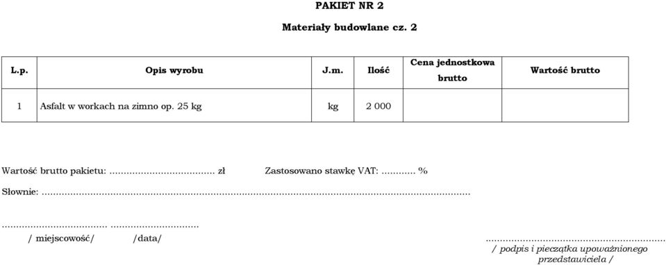 Ilość Wartość 1 Asfalt w workach na zimno op.