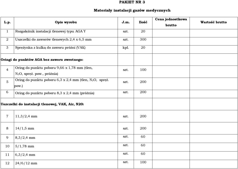 20 Wartość Oringi do punktów AGA bez zaworu zwrotnego: 4 Oring do punktu poboru 9,66 x 1,78 mm (tlen, szt. 100 N2O, spręż. pow.