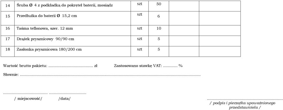 12 mm szt 10 17 Drążek prysznicowy 90/90 cm szt 5 18 Zasłonka prysznicowa