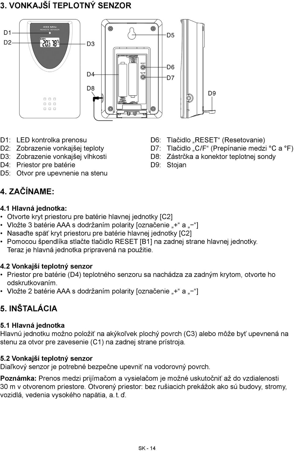 1 Hlavná jednotka: Otvorte kryt priestoru pre batérie hlavnej jednotky [C2] Vložte 3 batérie AAA s dodržaním polarity [označenie + a ] Nasaďte späť kryt priestoru pre batérie hlavnej jednotky [C2]
