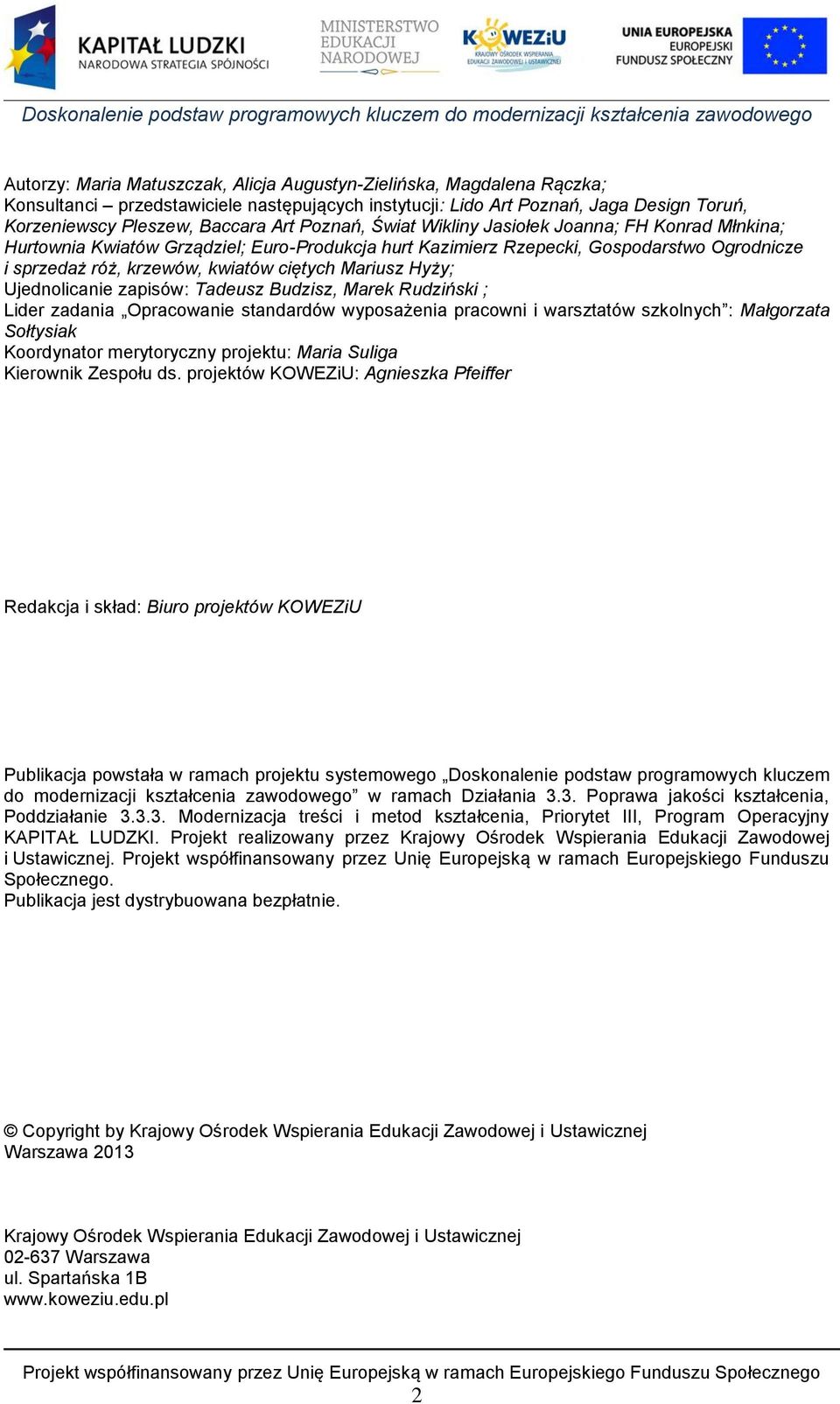 Hyży; Ujednolicanie zapisów: Tadeusz Budzisz, Marek Rudziński ; Lider zadania Opracowanie standardów wyposażenia pracowni i warsztatów szkolnych : Małgorzata Sołtysiak Koordynator merytoryczny