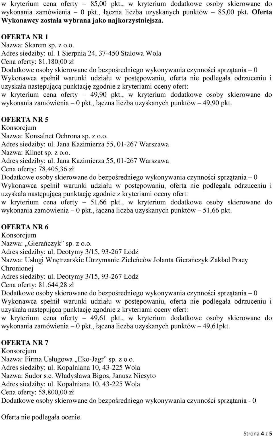 , łączna liczba uzyskanych punktów 49,90 pkt. Cena oferty: 78.405,36 zł w kryterium cena oferty 51,66 pkt., w kryterium dodatkowe osoby skierowane do wykonania zamówienia 0 pkt.