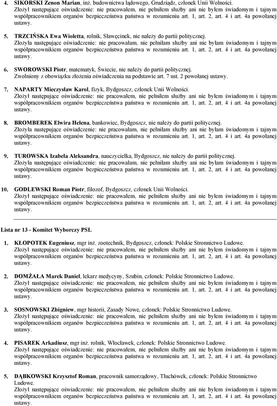 NAPARTY Mieczysław Karol, fizyk, Bydgoszcz, członek Unii Wolności. 8. BROMBEREK Elwira Helena, bankowiec, Bydgoszcz, nie należy do partii politycznej. 9.