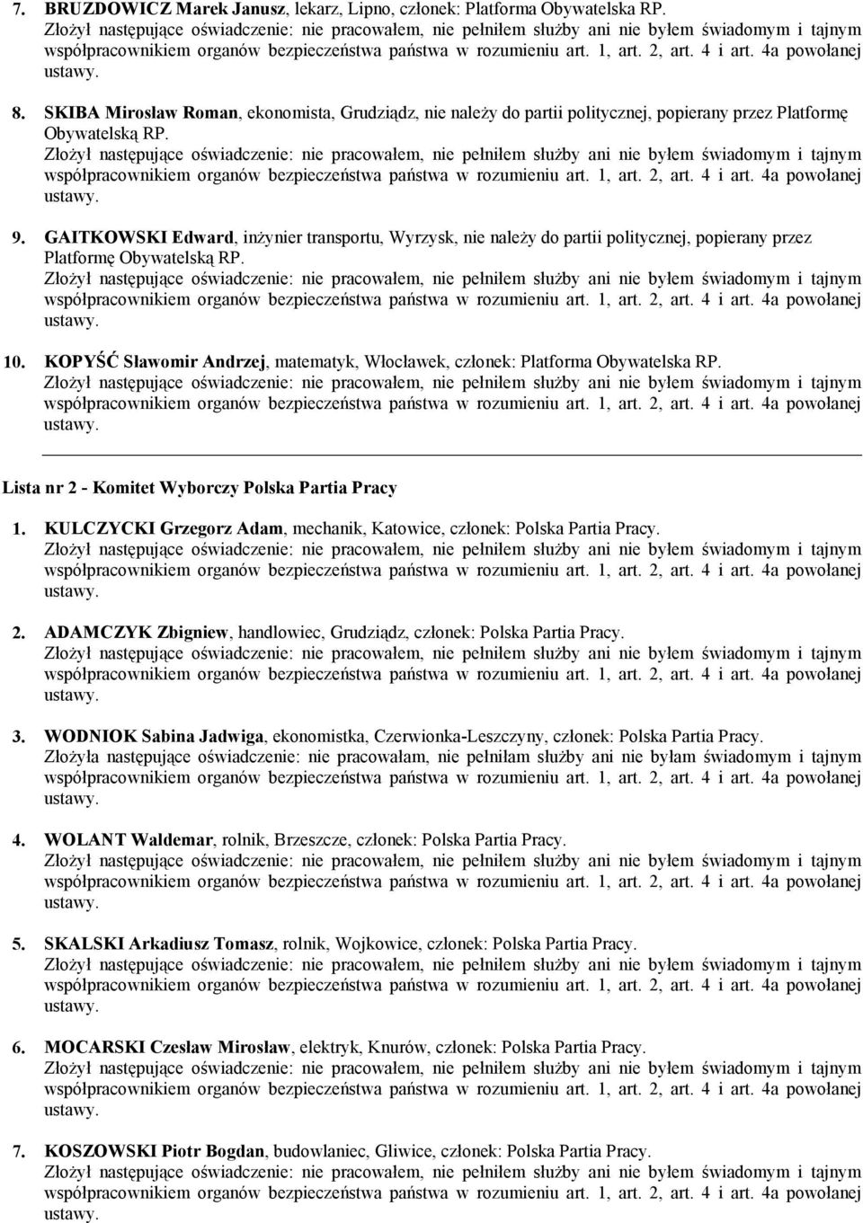 GAITKOWSKI Edward, inżynier transportu, Wyrzysk, nie należy do partii politycznej, popierany przez Platformę Obywatelską RP. 10.