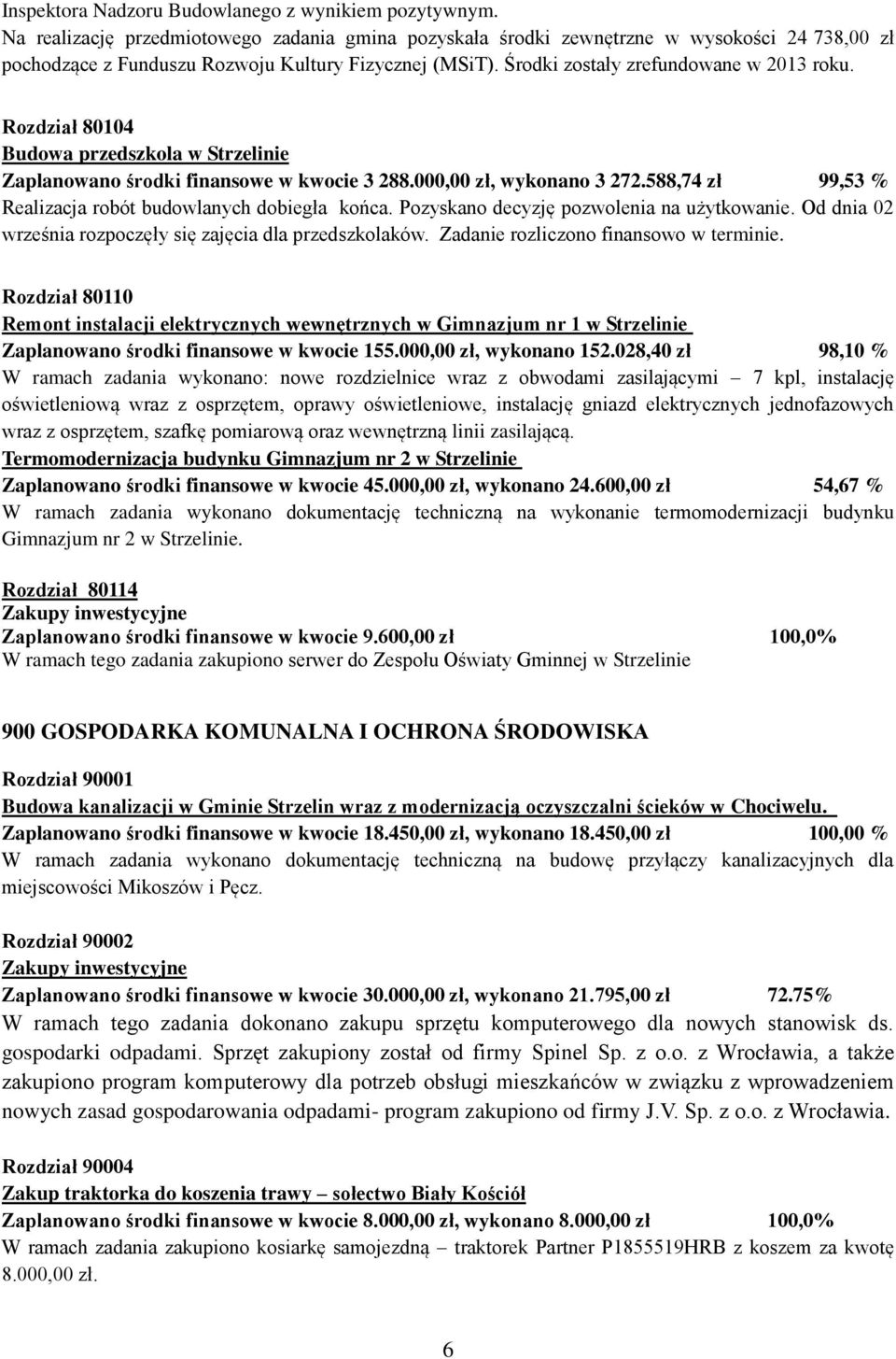 Rozdział 80104 Budowa przedszkola w Strzelinie Zaplanowano środki finansowe w kwocie 3 288.000,00 zł, wykonano 3 272.588,74 zł 99,53 % Realizacja robót budowlanych dobiegła końca.