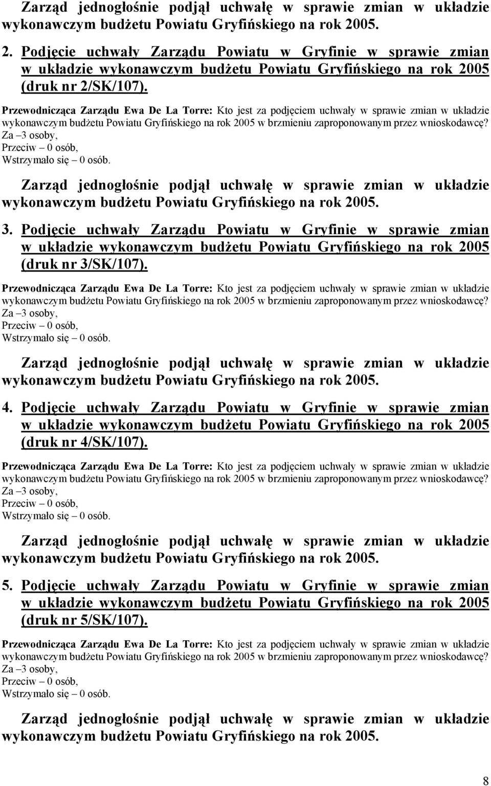 Przewodnicząca Zarządu Ewa De La Torre: Kto jest za podjęciem uchwały w sprawie zmian w układzie wykonawczym budżetu Powiatu Gryfińskiego na rok 2005 w brzmieniu zaproponowanym przez wnioskodawcę? 05.