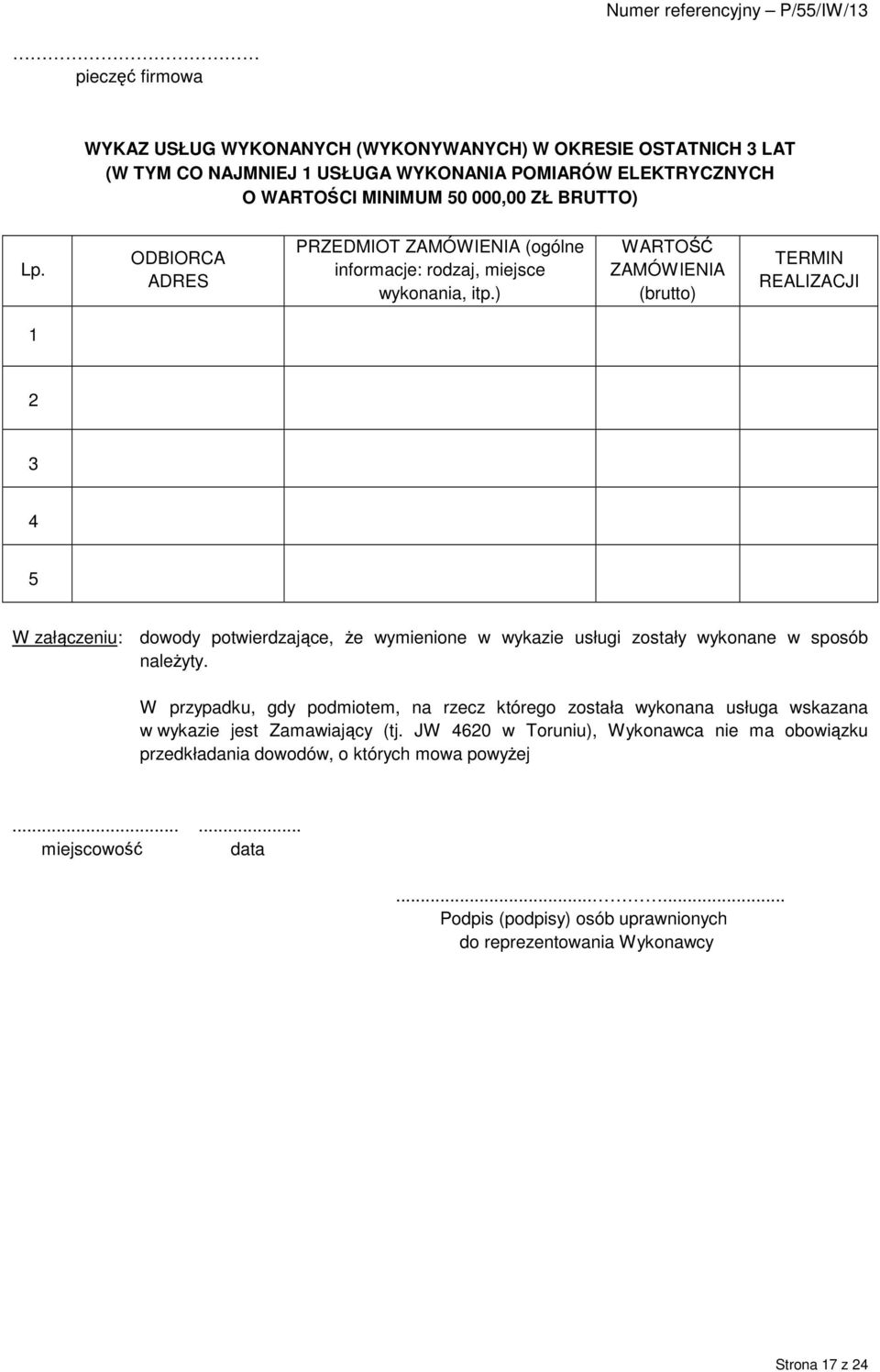 ) WARTOŚĆ ZAMÓWIENIA (brutto) TERMIN REALIZACJI 1 2 3 4 5 W załączeniu: dowody potwierdzające, Ŝe wymienione w wykazie usługi zostały wykonane w sposób naleŝyty.