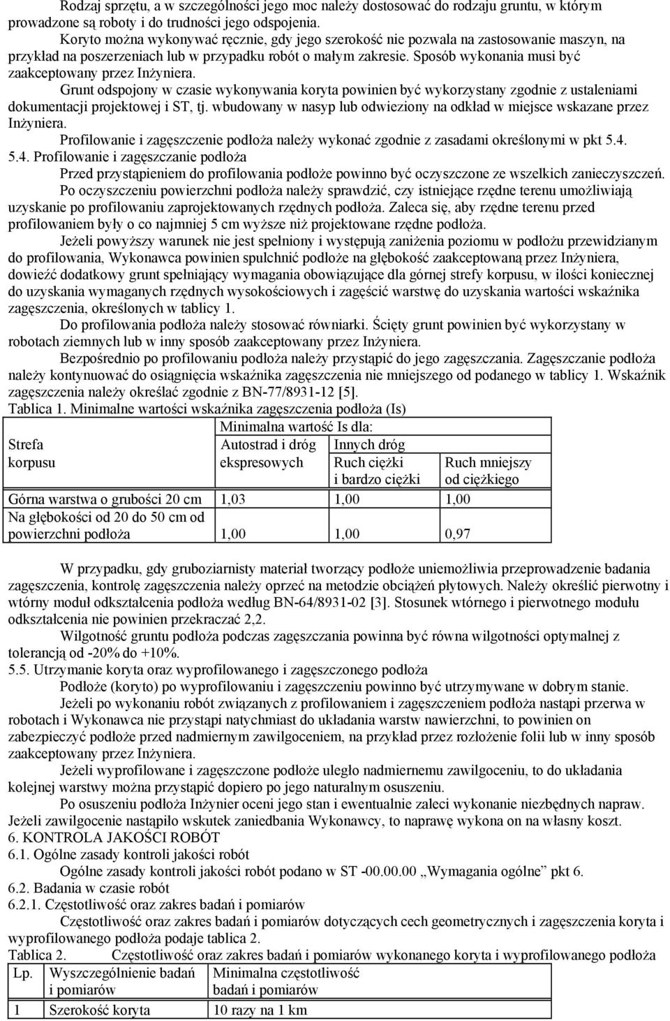 Sposób wykonania musi być zaakceptowany przez Inżyniera. Grunt odspojony w czasie wykonywania koryta powinien być wykorzystany zgodnie z ustaleniami dokumentacji projektowej i ST, tj.