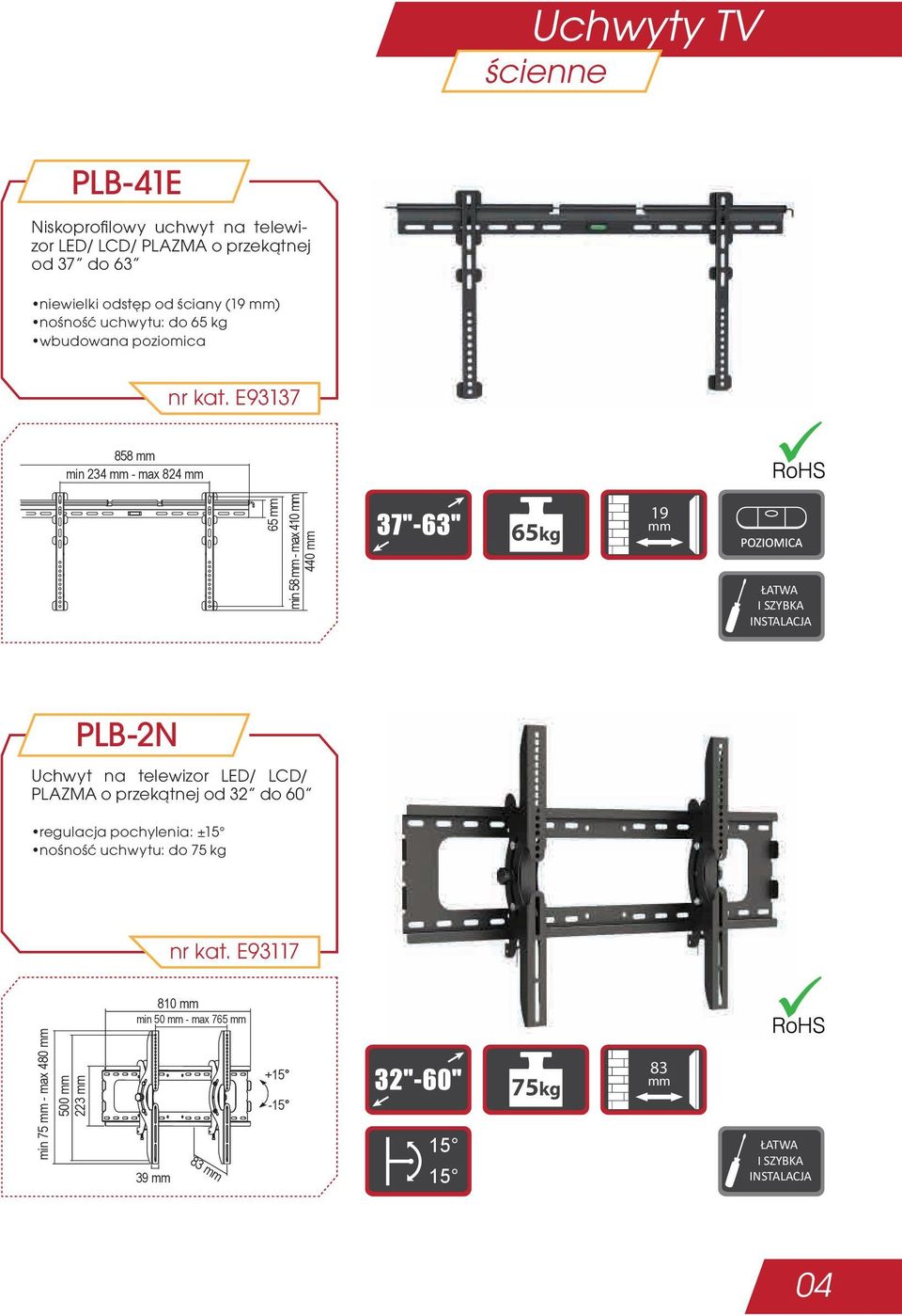E93137 858 min 234 - max 824 65 min 58 - max 410 440 65kg 19 PLB-2N Uchwyt na telewizor LED/ LCD/ PLAZMA o