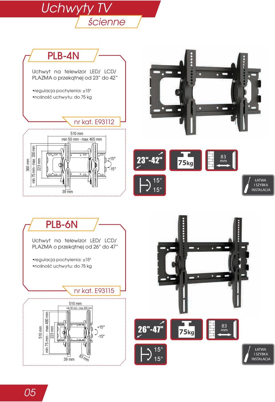 E93112 510 min 50 - max 465 360 min 75 - max 330 223 39 + - 75kg 83 83 PLB-6N Uchwyt na telewizor LED/