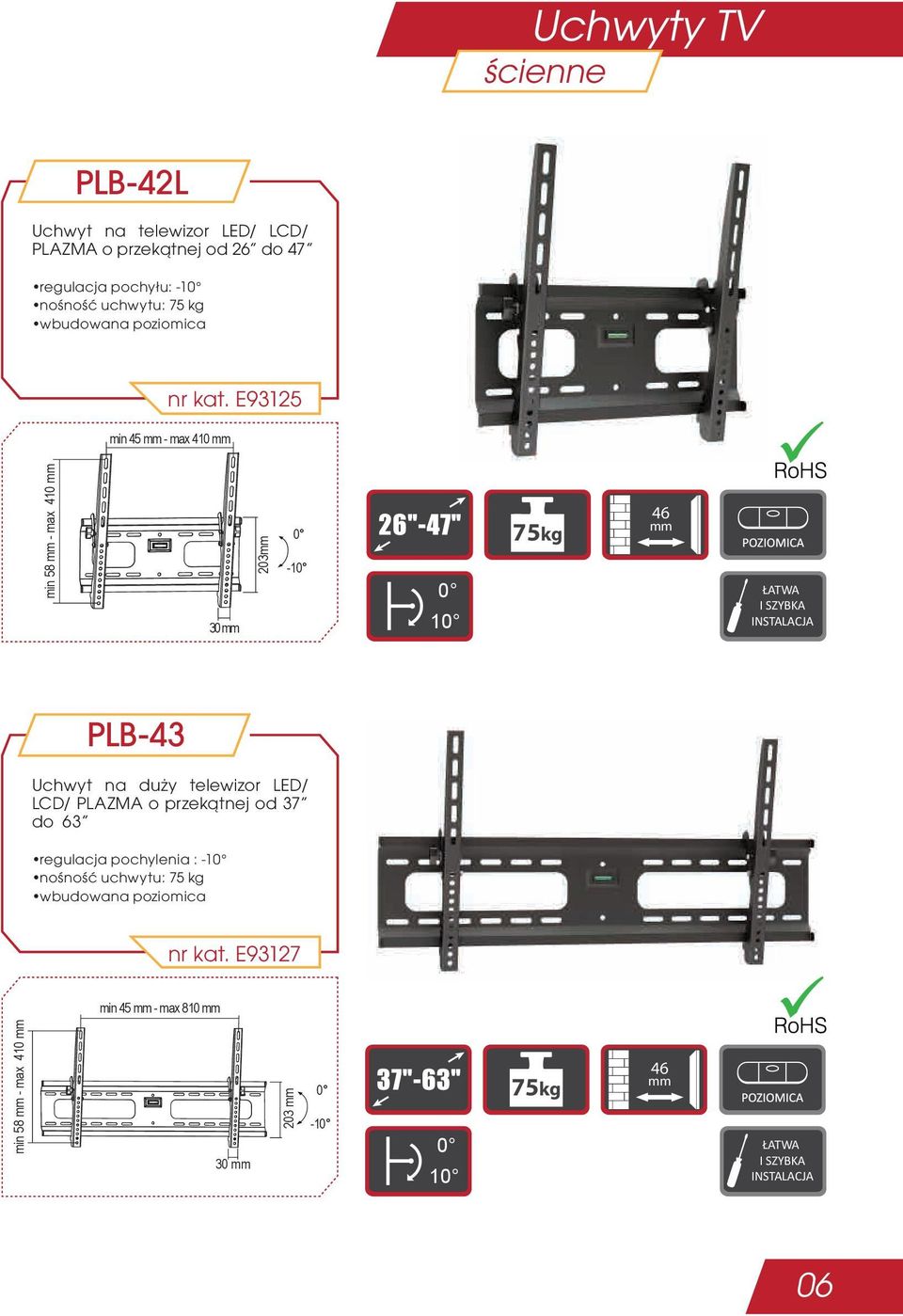 E93125 min 45 - max 410 min 58 - max 410 30 203 0-10 0 10 75kg 46 PLB-43 Uchwyt na duży telewizor LED/ LCD/