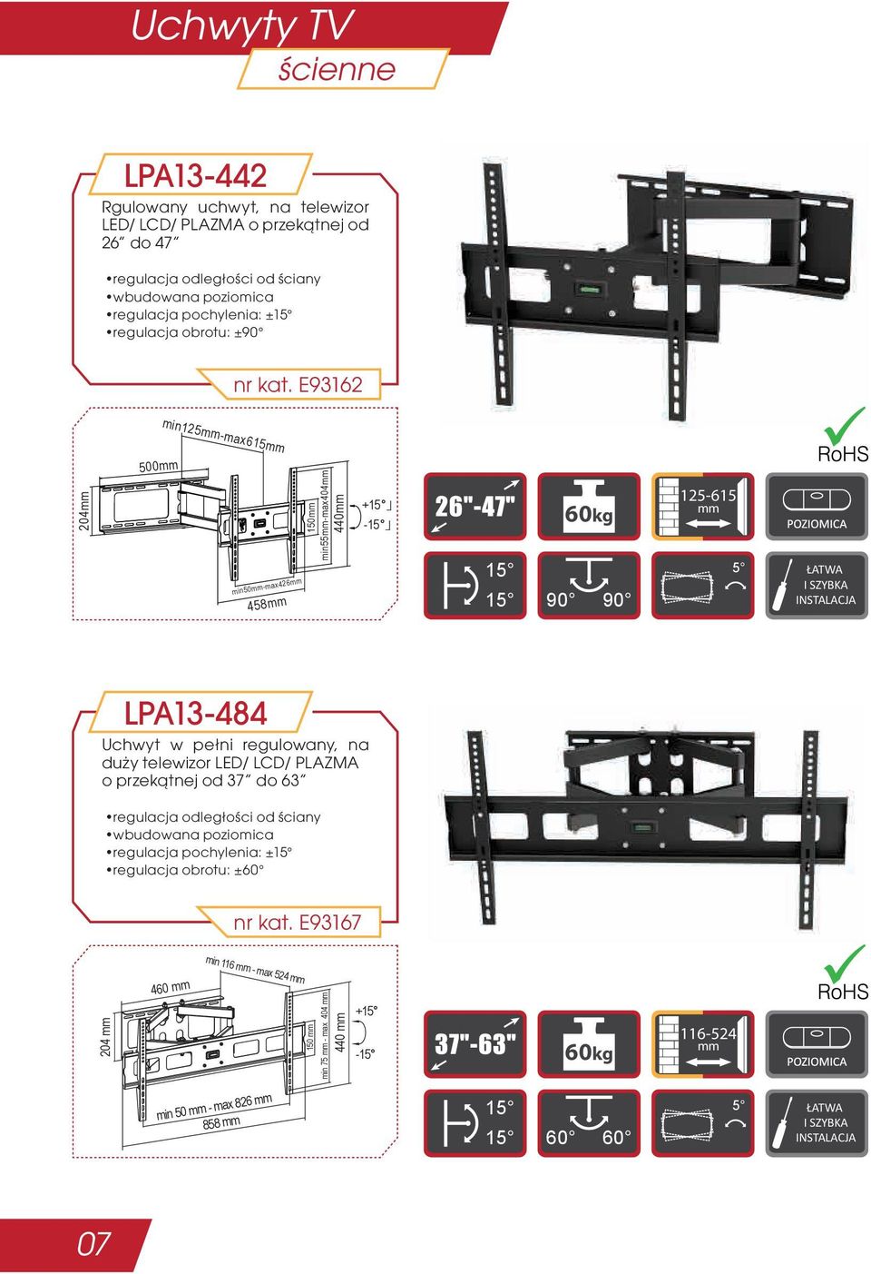 E93162 204 500 min125-max615 min50-max426 458 150 min55-max404 440 + - 60kg 125-615 5 LPA13-484 Uchwyt w pełni regulowany, na duży telewizor LED/