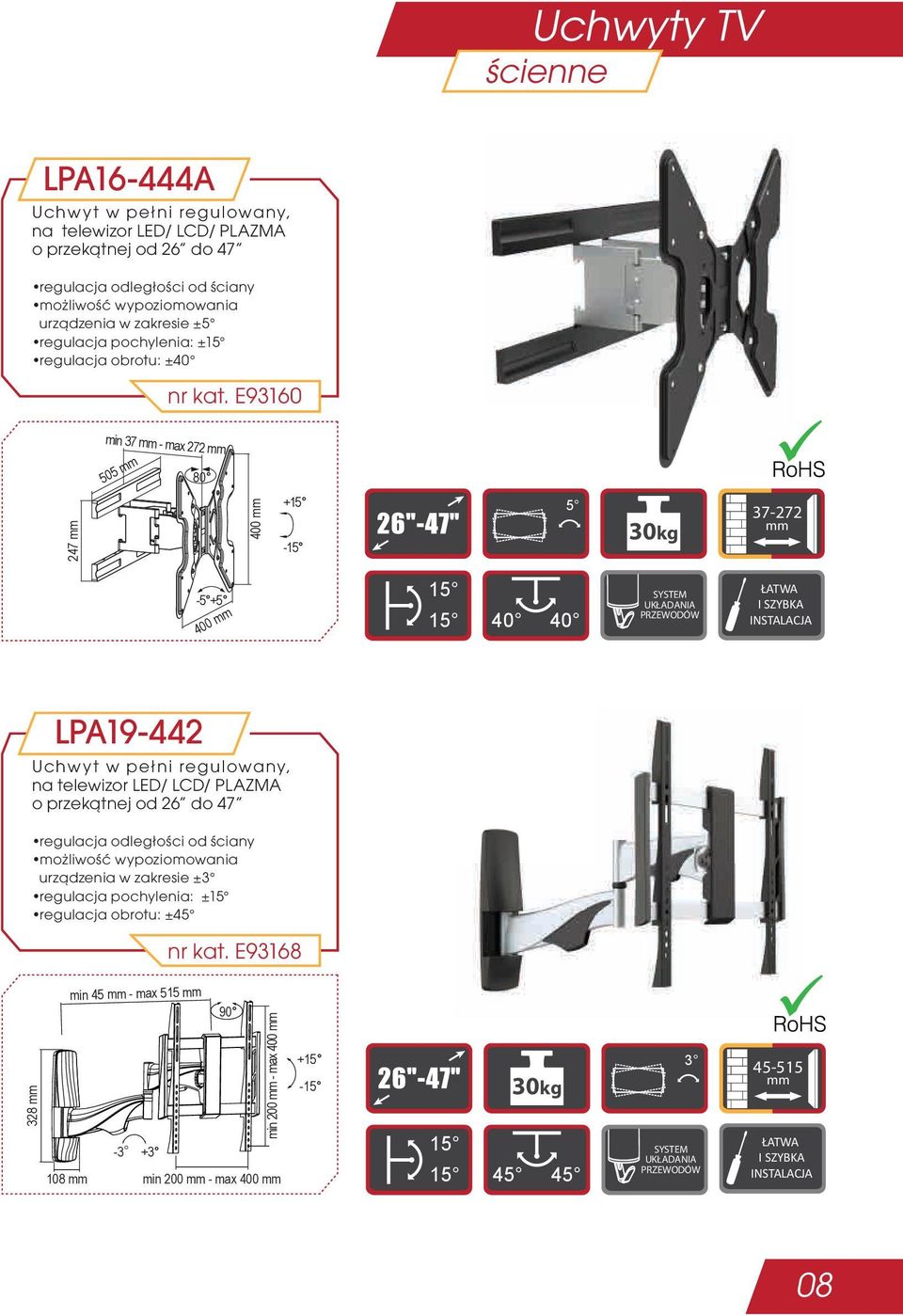 E93160 min 37 - max 272 505 80 247 400 + - 5 30kg 37-272 -5 +5 400 40 40 SYSTEM UKŁADANIA PRZEWODÓW LPA19-442 Uchwyt w pełni regulowany, na telewizor LED/ LCD/ PLAZMA o
