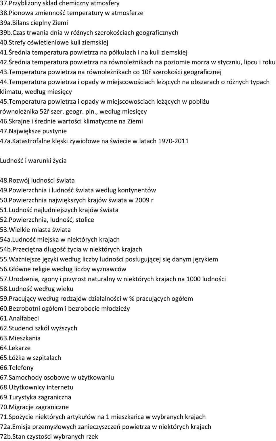 Temperatura powietrza na równoleżnikach co 10ř szerokości geograficznej 44.Temperatura powietrza i opady w miejscowościach leżących na obszarach o różnych typach klimatu, według miesięcy 45.